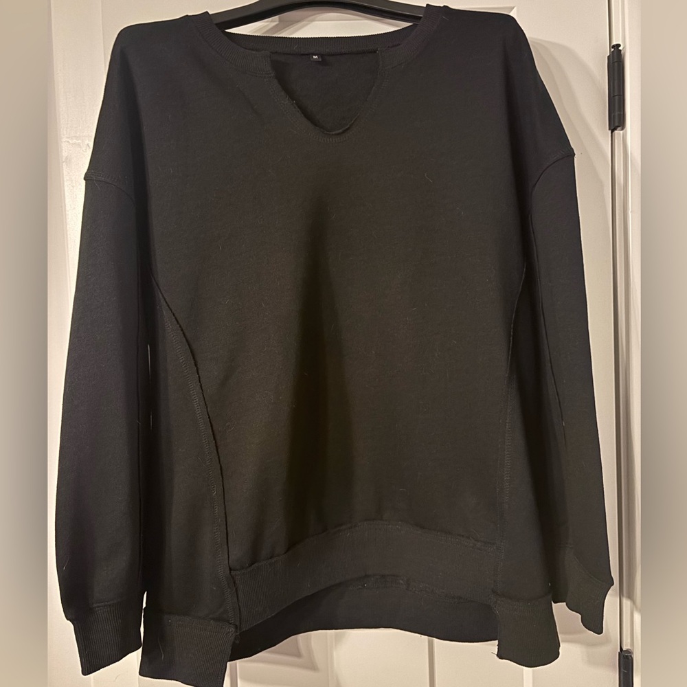 Black Boxy V-Neck Sweatshirt with Unique Seams & Hem size M